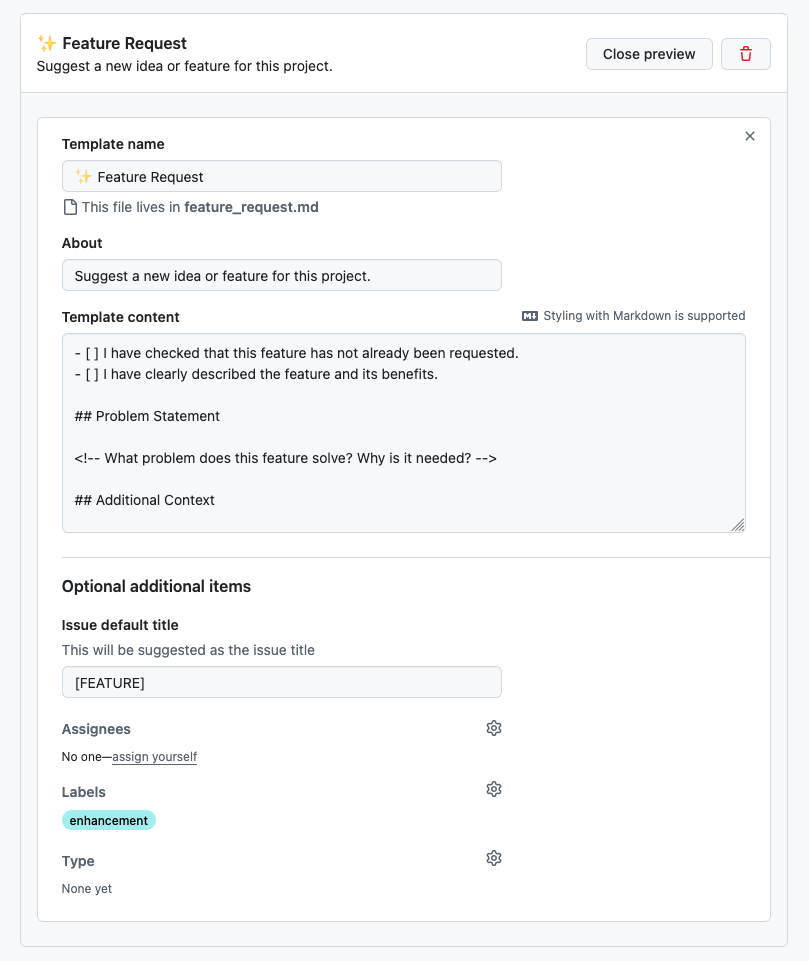 gh templates 2 feature request